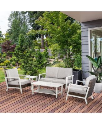 5-Piece Outdoor PE Rattan Wicker Patio Furniture Set, Cushions, 1 Loveseat, 2 Armchairs, 1 Faux Wood Slat Two-Tier Center Coffee Table, 1 Two-Tier Side Table, Grey