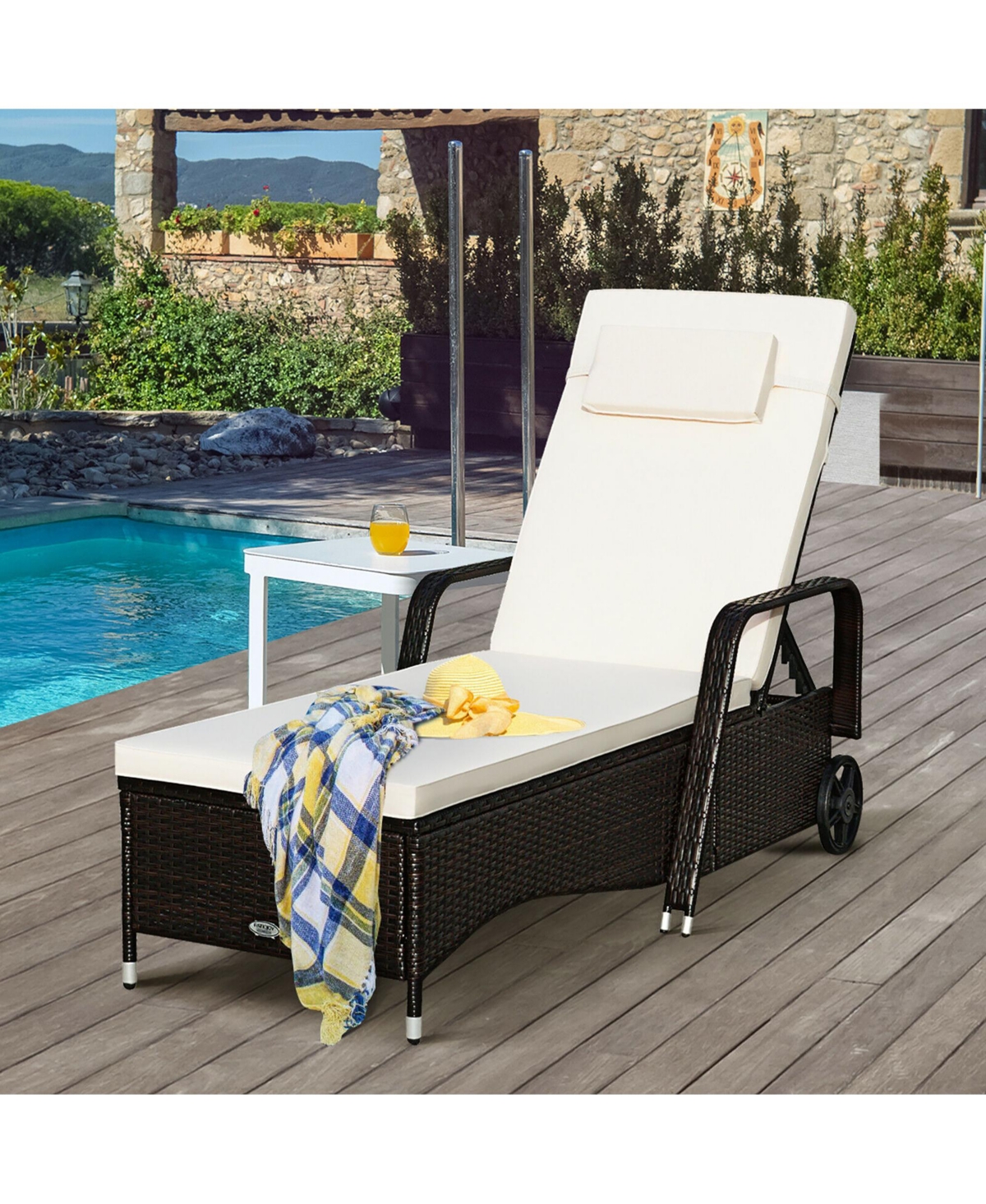 Costway Outdoor Chaise Lounge Chair Recliner Cushioned Patio Furniture Adjustable Wheels