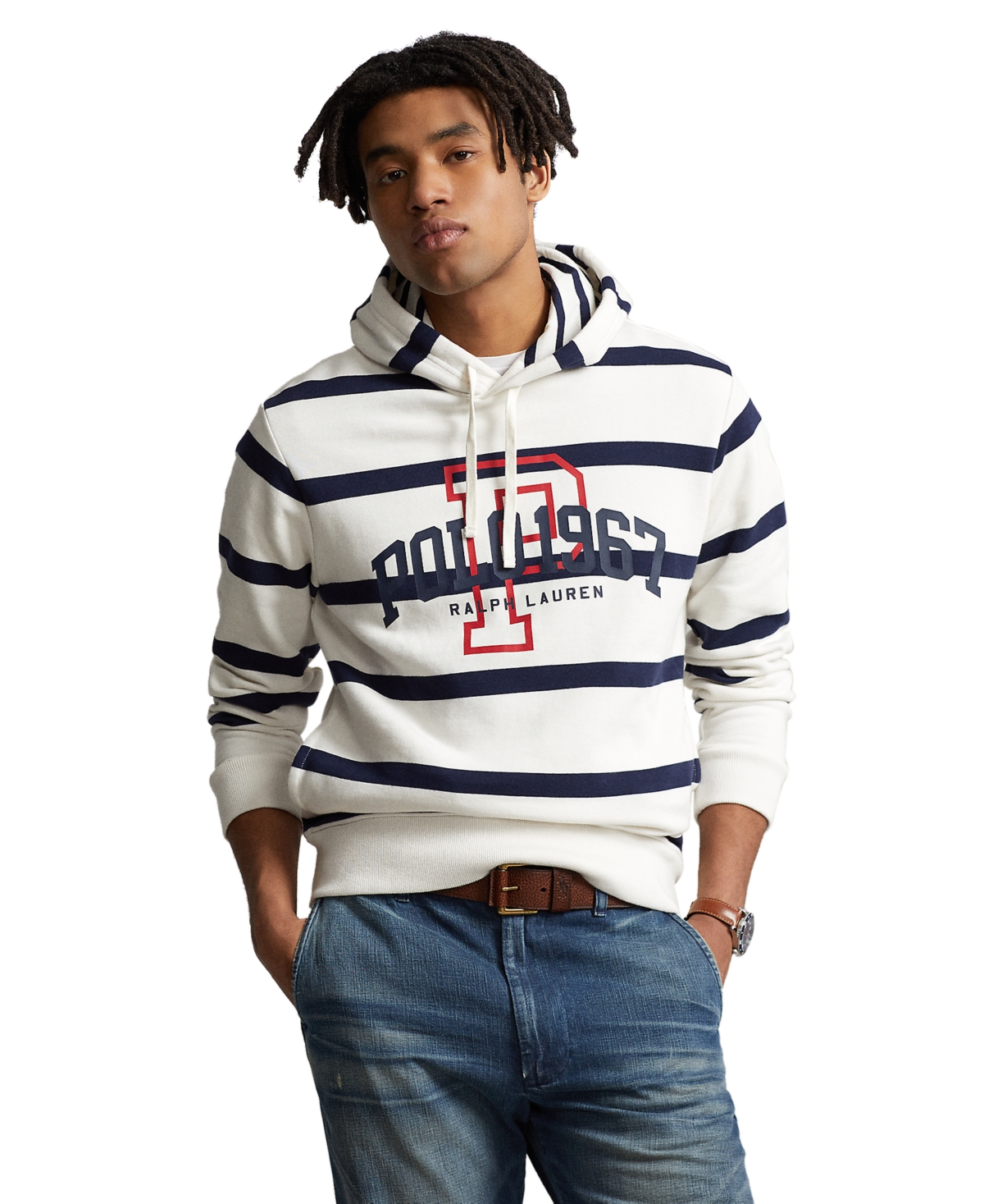 POLO RALPH LAUREN MEN'S LOGO STRIPED FLEECE HOODIE