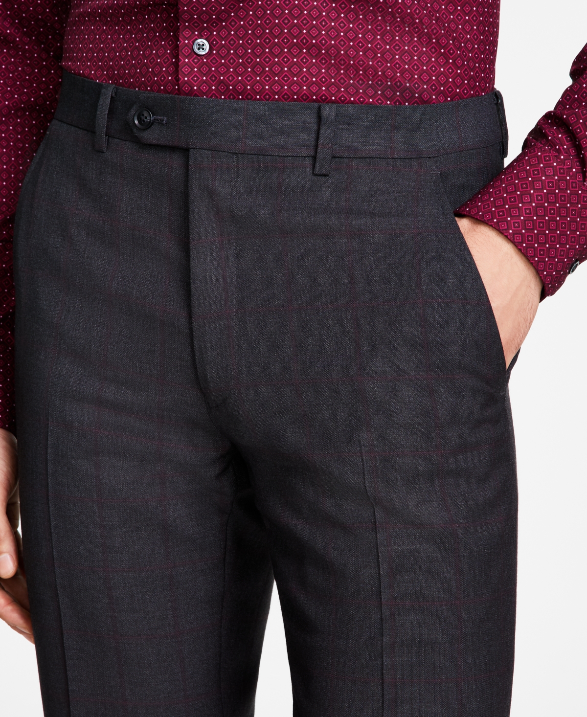 Alfani Men's Slim-Fit Windowpane Check Suit Pants, Created for Macy's -burgundy