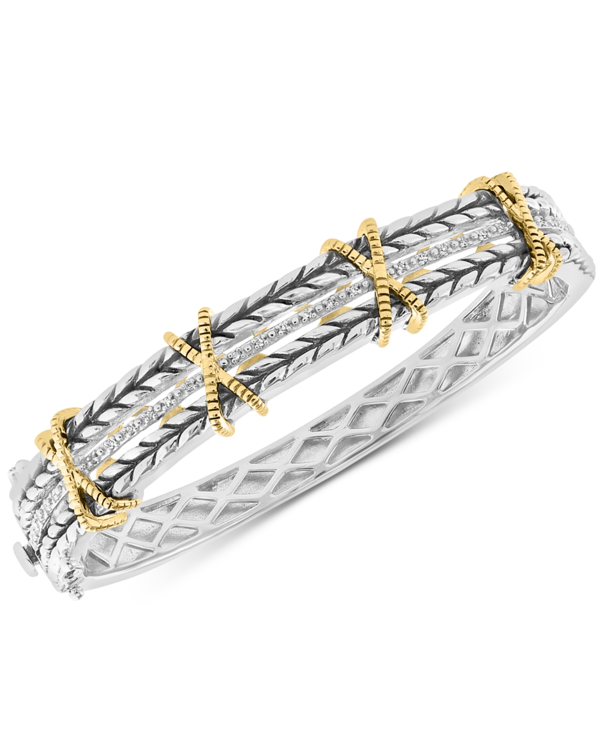 Effy Collection Effy Diamond X Bangle Bracelet (1/8 Ct. T.w.) In Sterling Silver & 18k Gold-plate In K Yellow Gold Over Sterling Silver
