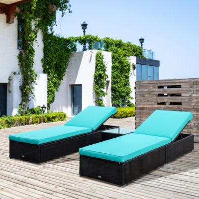 3 Piece Rattan Wicker Chaise Lounge Set, Cushioned Poolside Reclining Lawn Chairs with Tempered Glass Outdoor Side Table, Teal