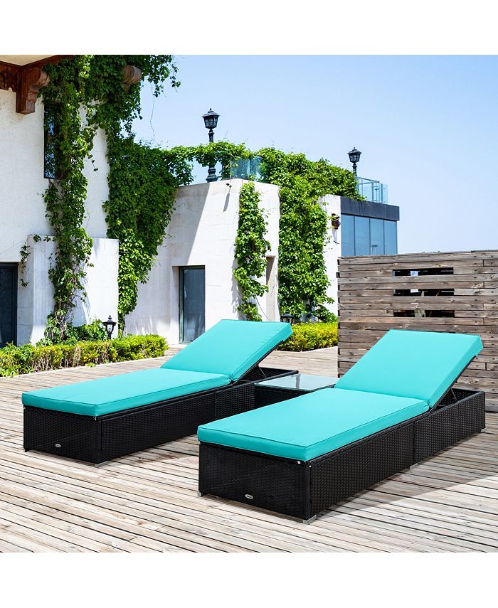 Outsunny 3 Piece Rattan Wicker Chaise Lounge Set, Cushioned Poolside