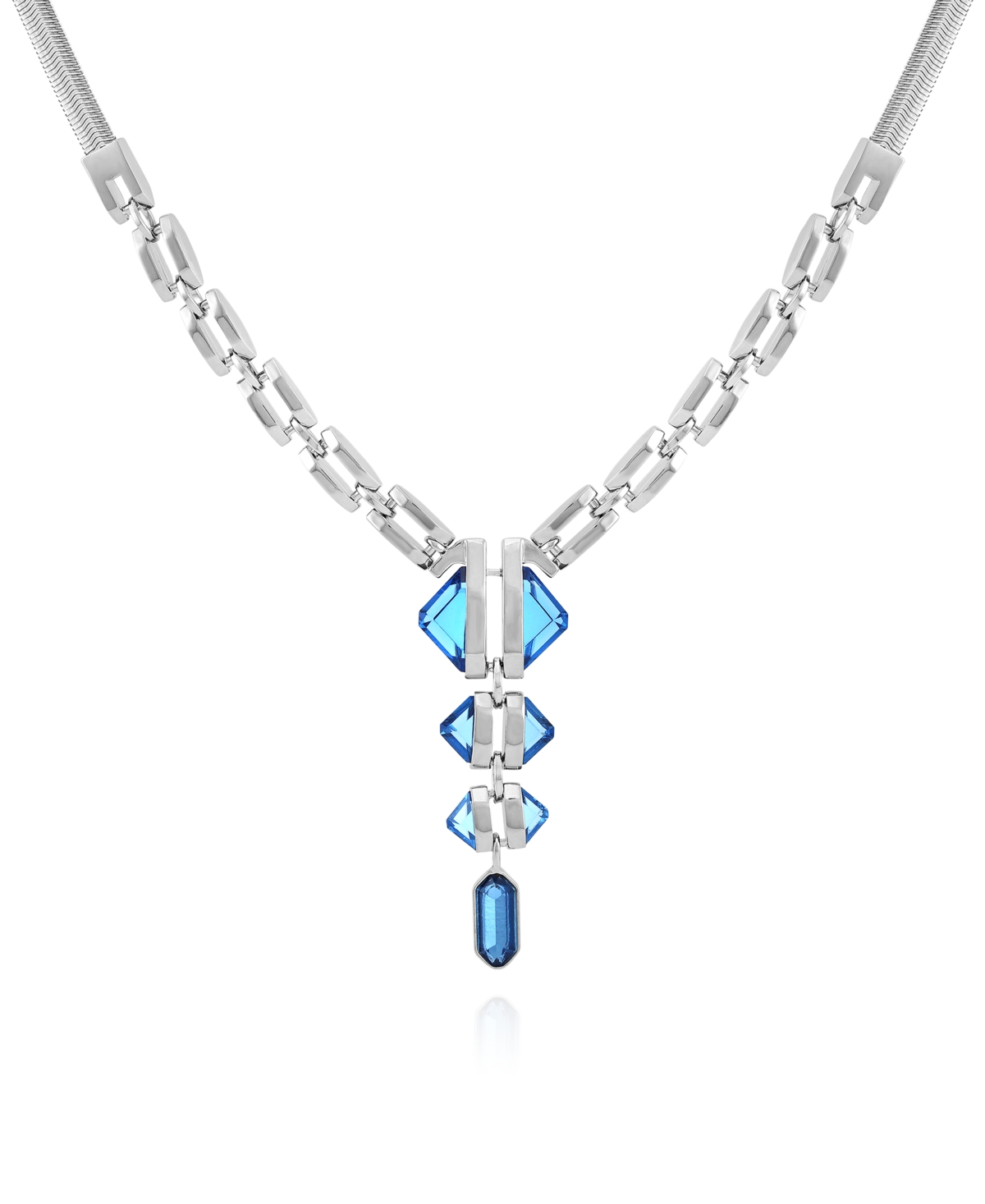 Imitation Light Sapphire Epoxy Pendant Silver-Tone Thick Snake Chain Necklace - Silver, Imitation Light Sapphire