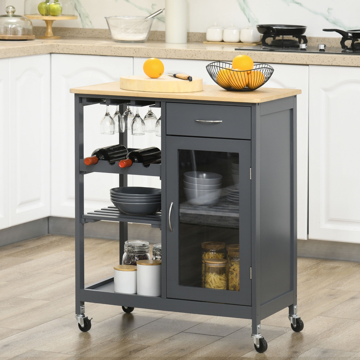 Homcom Utility Kitchen Cart, Rolling Kitchen Island Storage Trolley with Wine Rack, Shelves, Drawer and Cabinet,- Grey