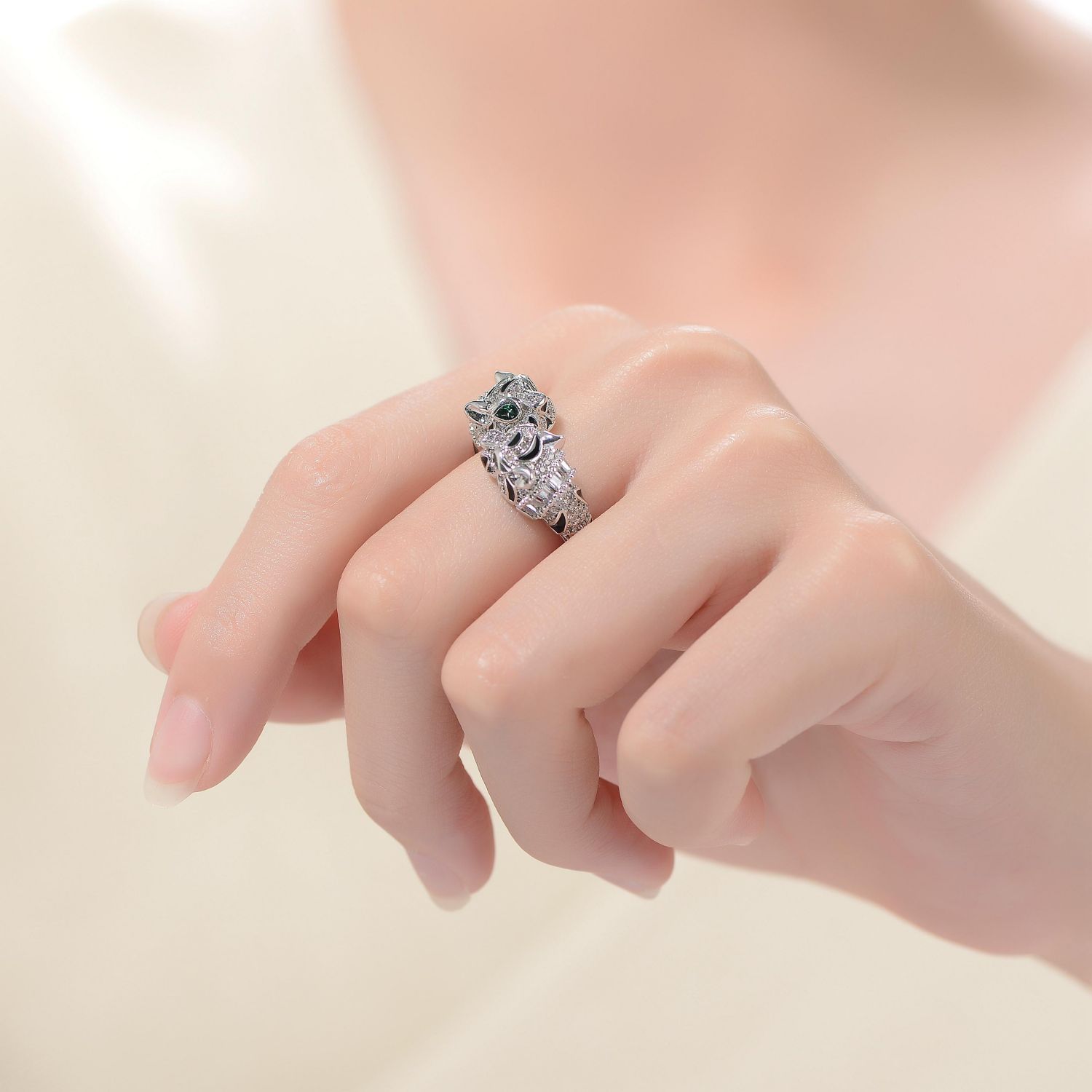 Women's White Gold Plated CZ Paved Panther Bypass Ring