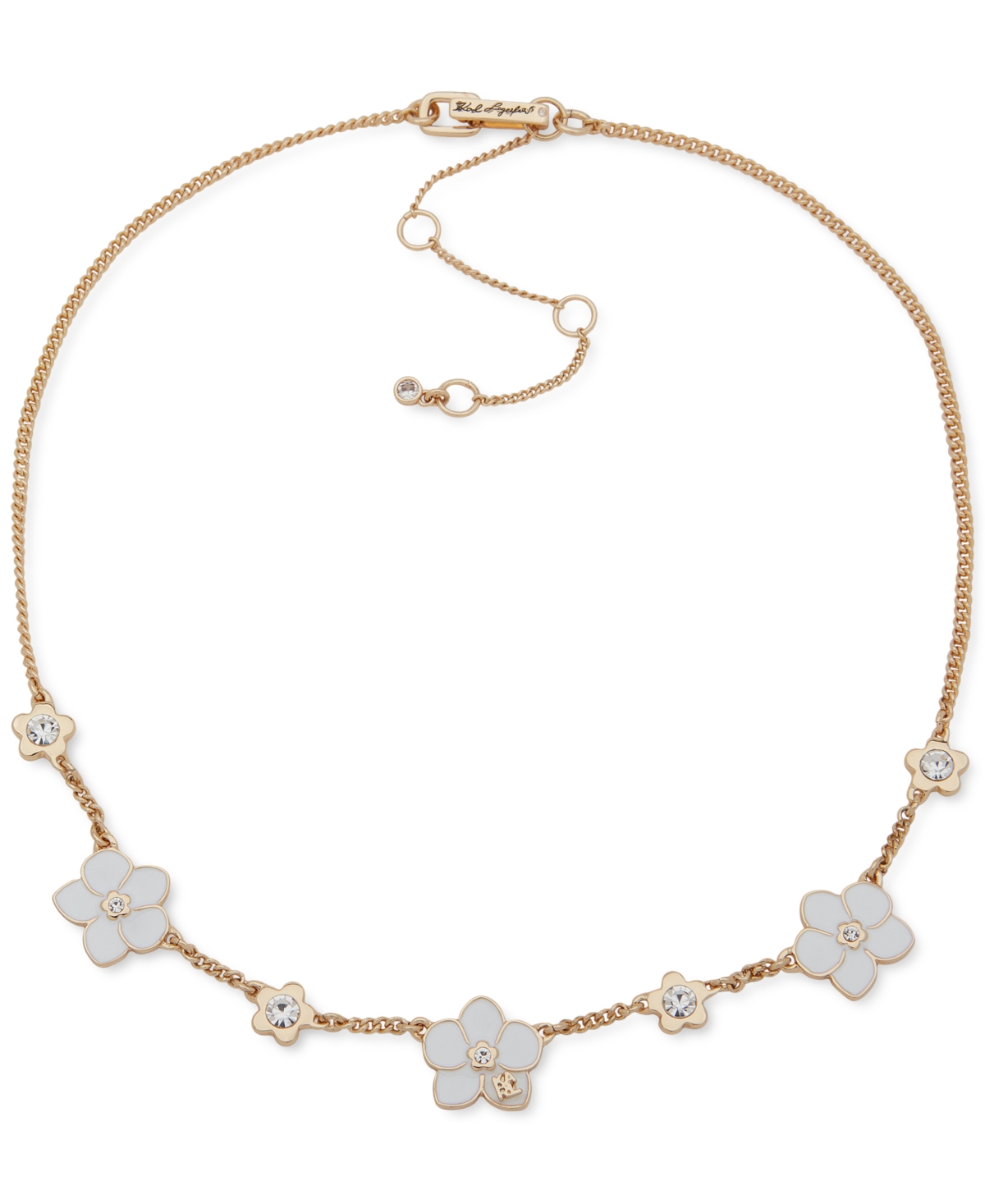 Karl Lagerfeld Gold-tone Pave White Flower Logo Statement Necklace, 16" + 3" Extender In Crystal