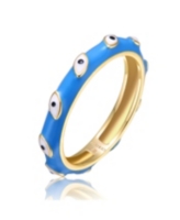 Rachel Glauber Ra Young Adults/Teens 14k Yellow Gold Plated Blue Bamboo White Evil Eye Enamel Slim Stacking Band Ring - Blue