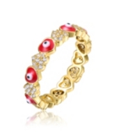 Ra Young Adults/Teens 14k Yellow Gold Plated with Cubic Zirconia Colorful Enamel Evil Eye Repeating Hearts Stacking Ring - Red