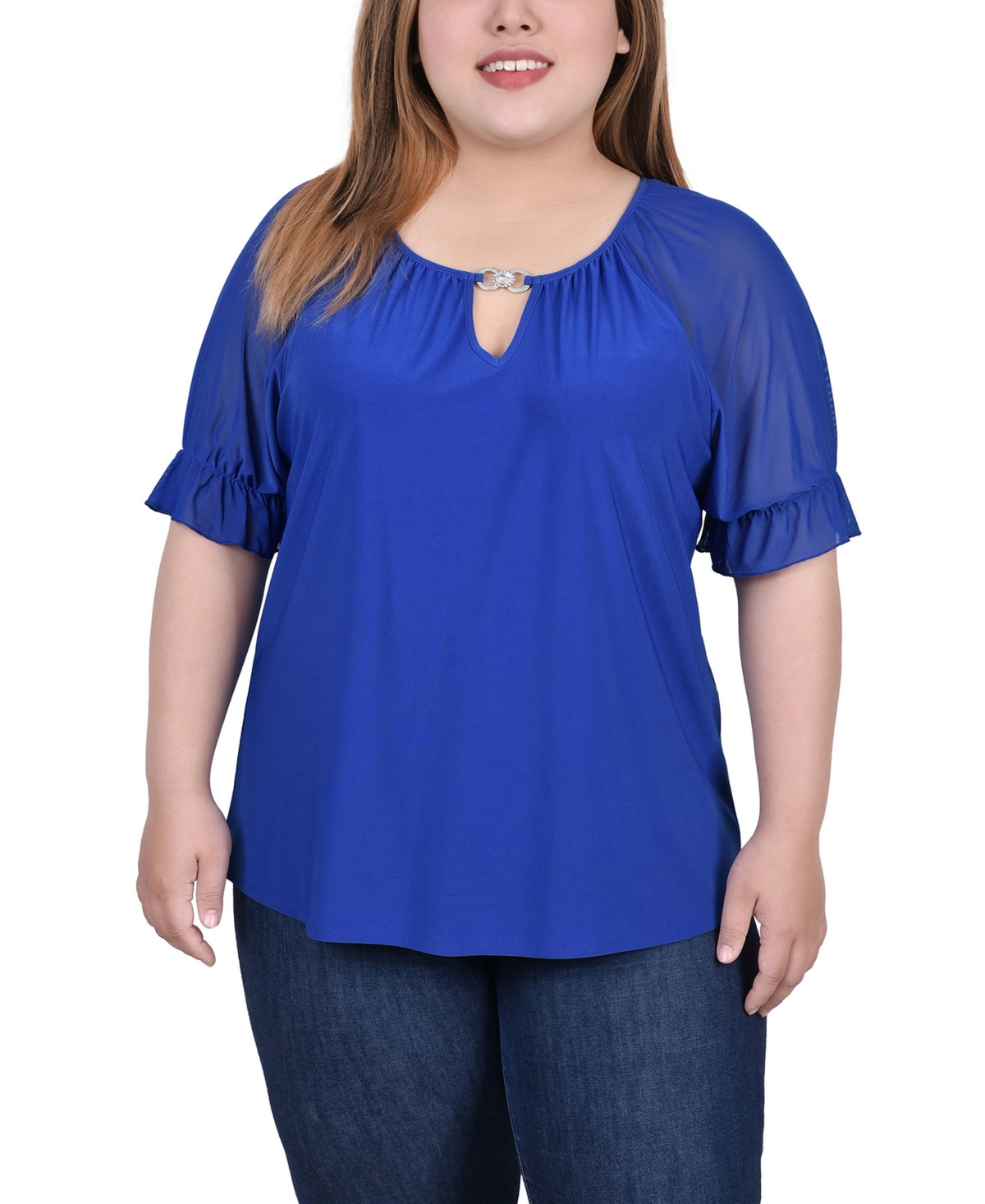 Ny Collection Plus Size Short Ruffle Sleeve Top With Rhinestones In Surf The Web