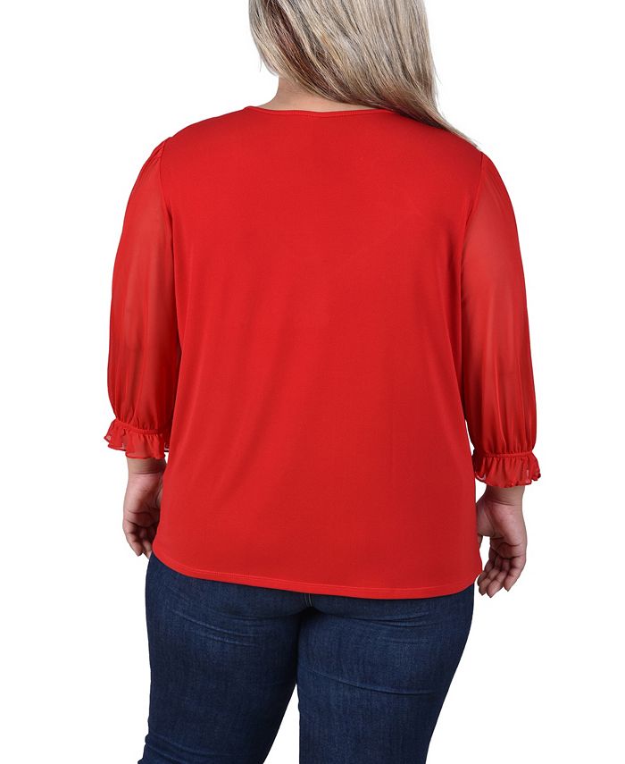 NY Collection Plus Size 3/4 Sleeve Ringed Top with Mesh - Macy's