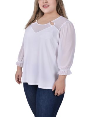 Plus Size 3/4 Sleeve Ringed Top with Mesh