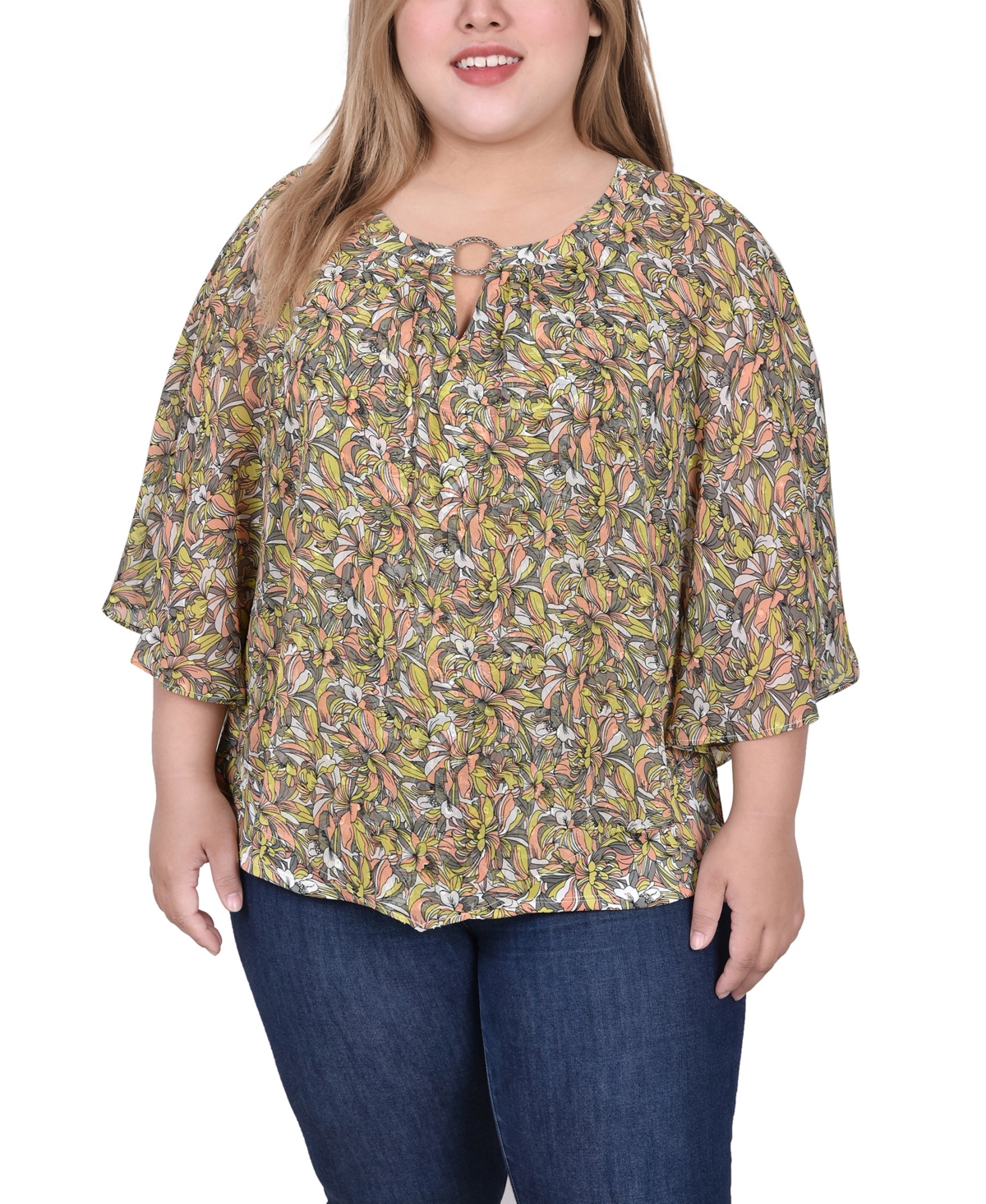 Shop Ny Collection Plus Size Chiffon Poncho Top With Ring In Coral Gray Must Blossom