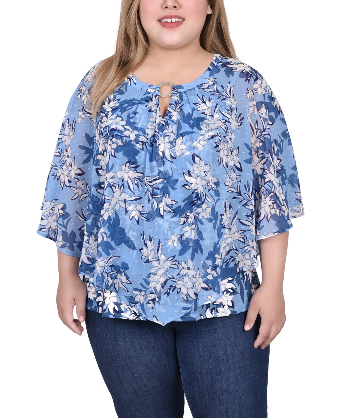 Ny Collection Plus Size Chiffon Poncho Top With Ring In Light Blue White Floral