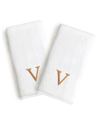 Linum Home Bookman Gold Font Monogrammed Luxury 100% Turkish Cotton Novelty 2-Piece Hand Towels, 16" x 30" - Gold - V
