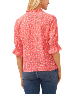 Women's 3/4-Sleeve Tie Neck Floral Print Blouse