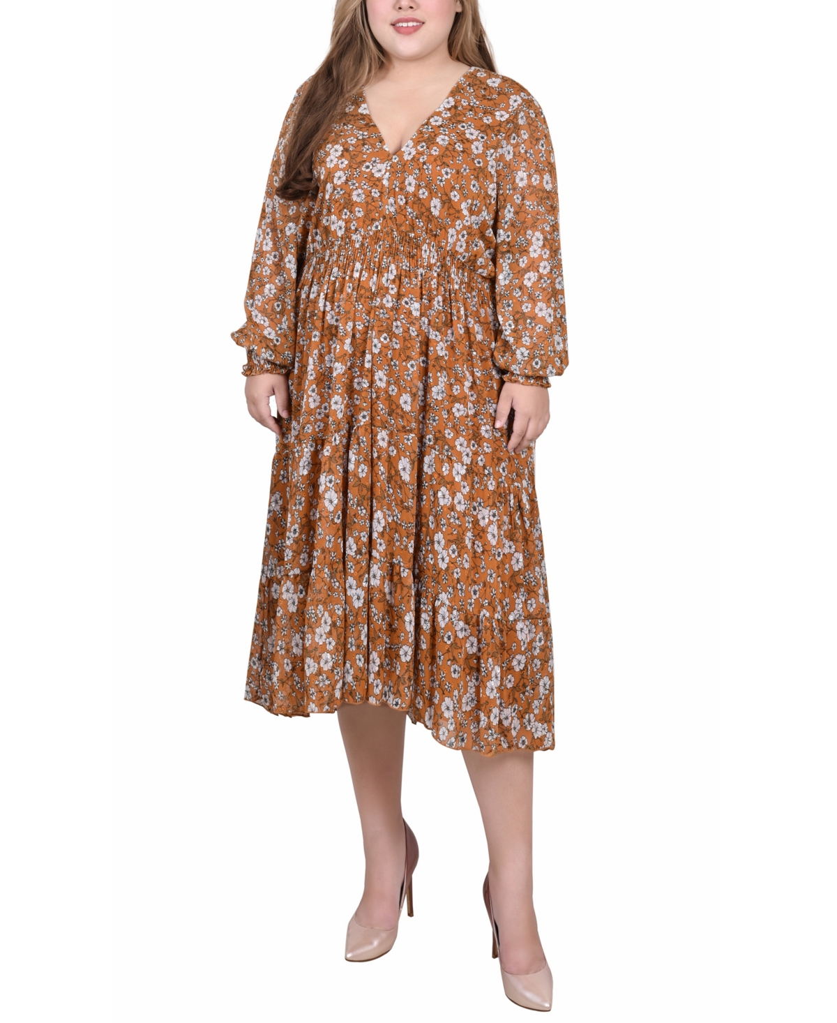 Ny Collection Plus Size Long Sleeve Clip Dot Dress In Mustard Floral