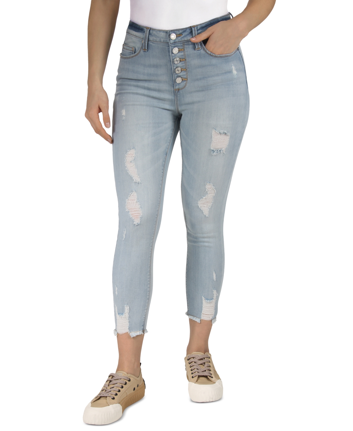 Indigo Rein Juniors' High Rise Button Fly Distressed Cropped Jeans In Light Blue