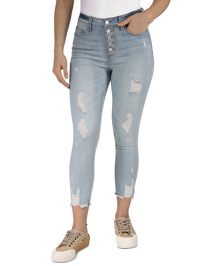 Indigo Rein Juniors' High Rise Button Fly Distressed Cropped Jeans - Macy's