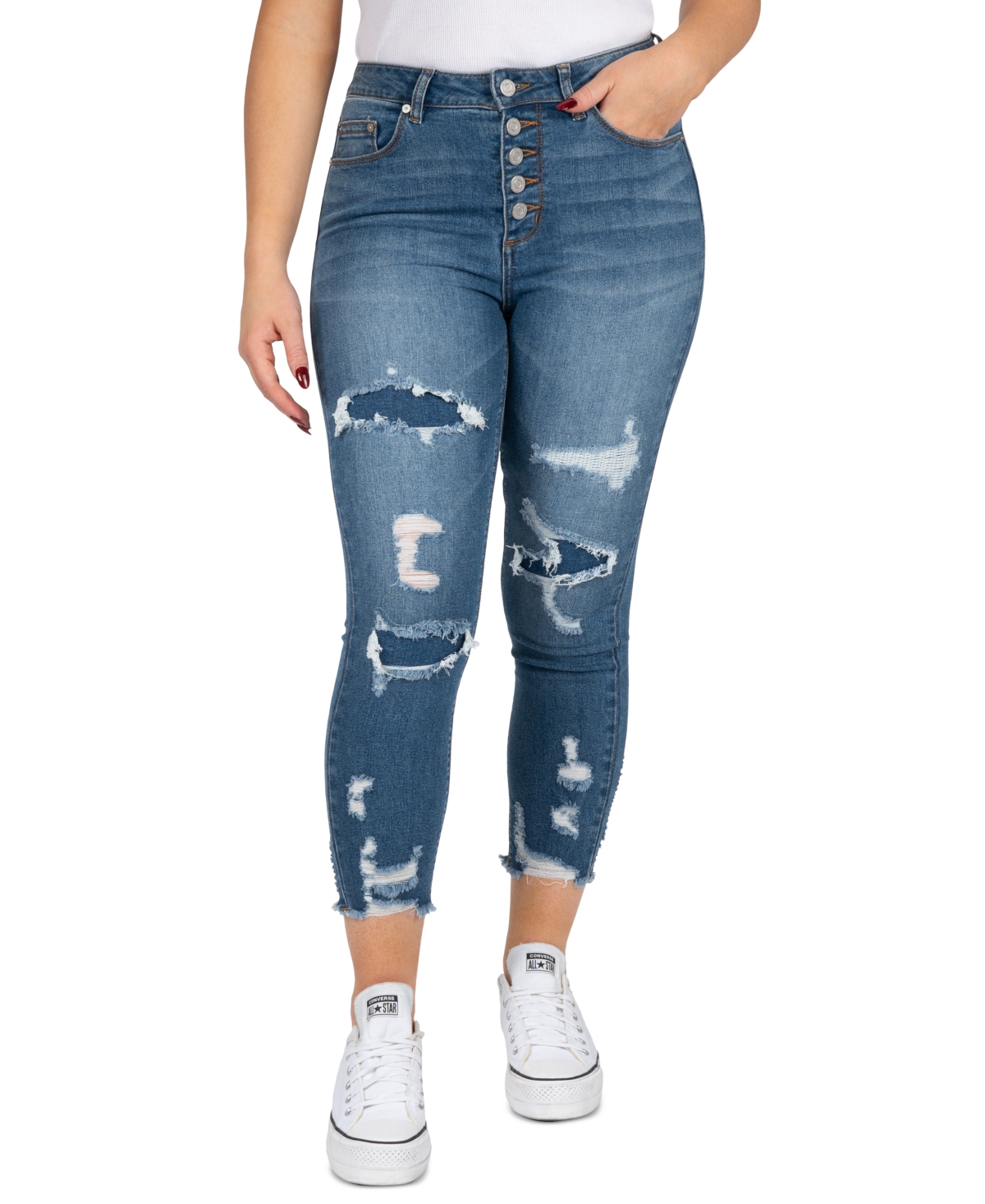 Indigo Rein Juniors' High Rise Button Fly Distressed Cropped Jeans In Med Blue