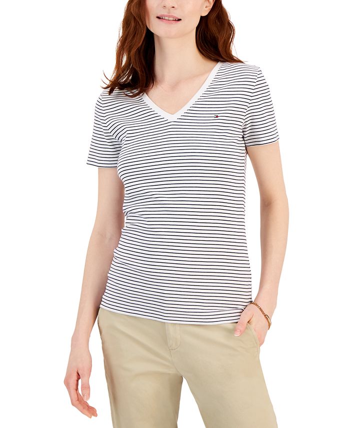 Tommy Hilfiger Women's Cotton Striped V-Neck T-Shirt - Macy's