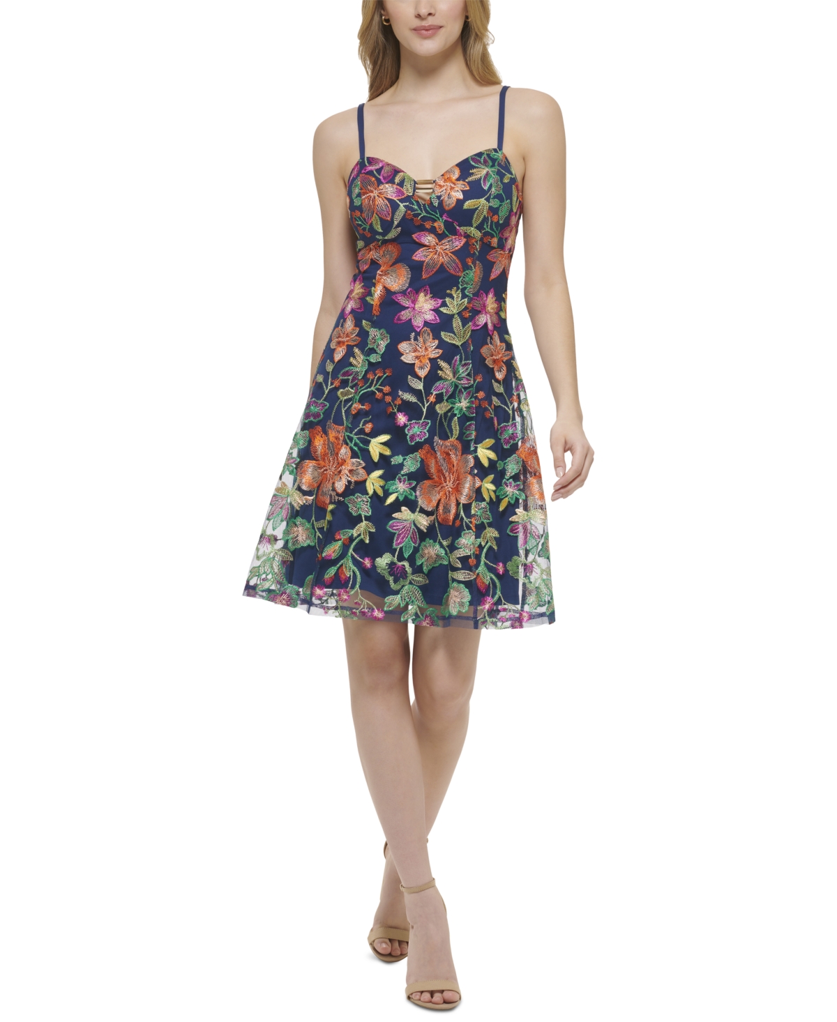 GUESS WOMEN'S EMBROIDERED MESH KEYHOLE SKATER DRESS 