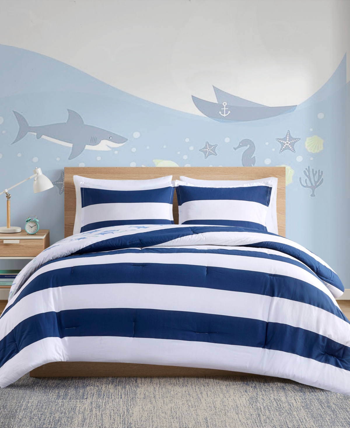 Shop Urban Habitat Closeout!  Kids Sammie Cotton Cabana Stripe Reversible 3-piece Comforter Set With Shark In Navy