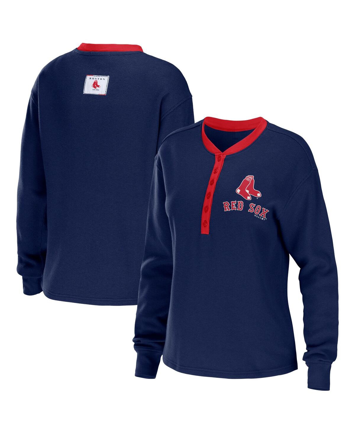Shop Wear By Erin Andrews Women's  Navy Boston Red Sox Waffle Henley Long Sleeve T-shirt