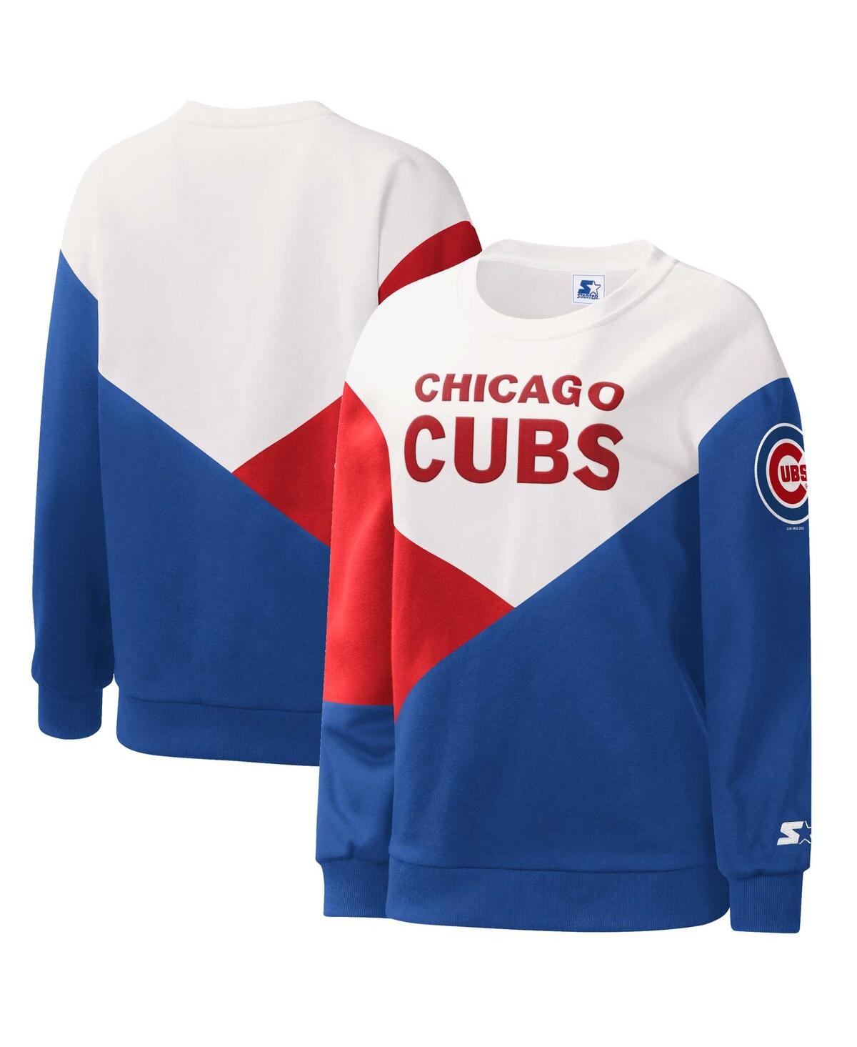 Shop Starter Women's  White, Royal Chicago Cubs Shutout Pullover Sweatshirt In White,royal