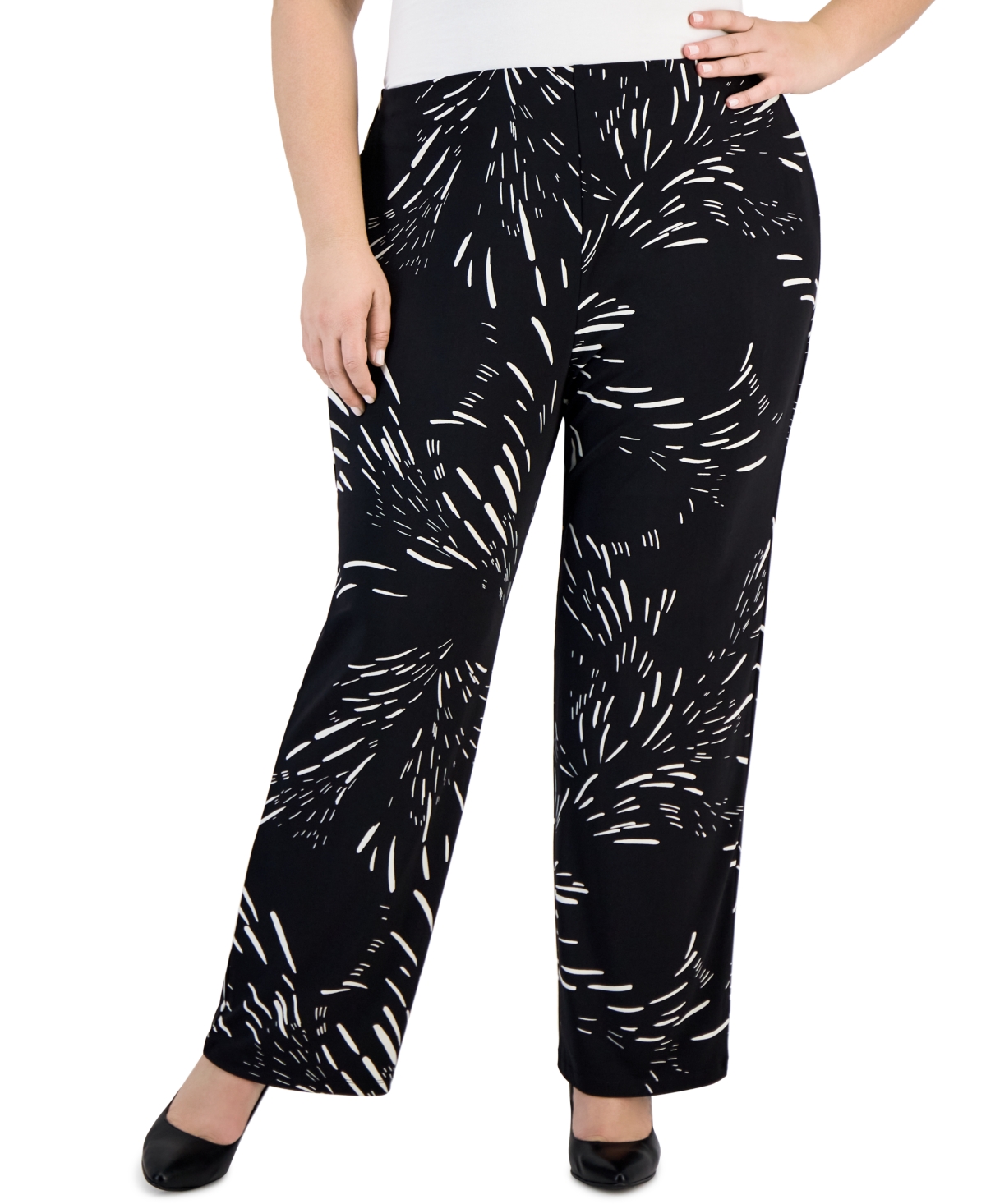 Plus Size Wide-Leg Pull-On Pants, Created for Macy's - Deep Black Combo