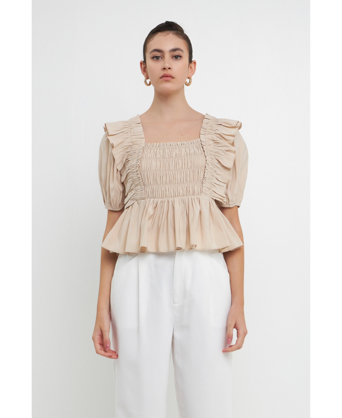 endless rose Women's Smocked Detail Puff Sleeve Top