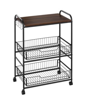 24" 3-Tier Rolling Kitchen Cart, Utility Storage Trolley with 2 Basket Drawers, Side Hooks for Dining Room, Walnut Wood Tone