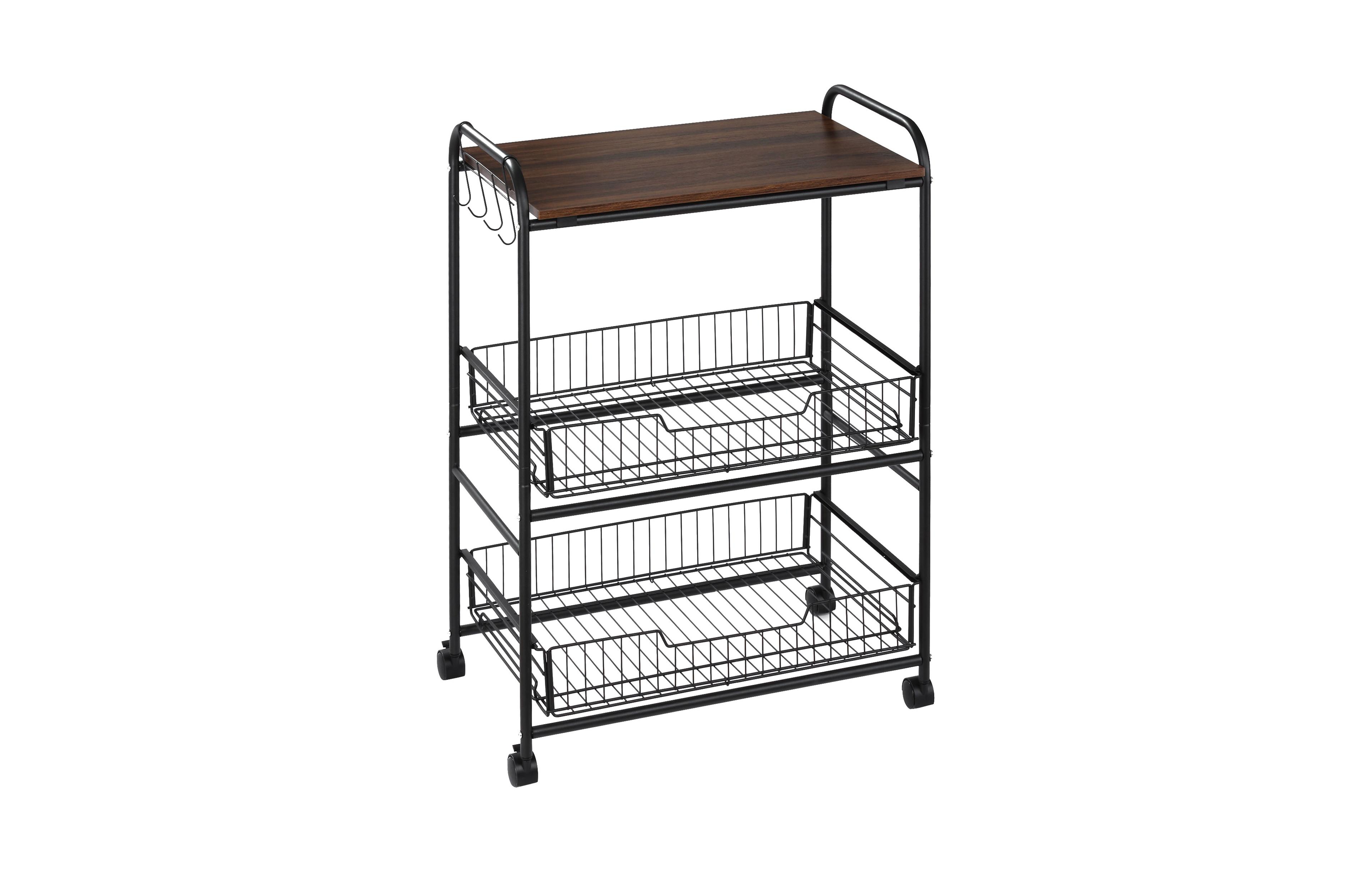 Homcom 24" 3-Tier Rolling Kitchen Cart, Utility Storage Trolley with 2 Basket Drawers, Side Hooks for Dining Room, Walnut Wood Tone