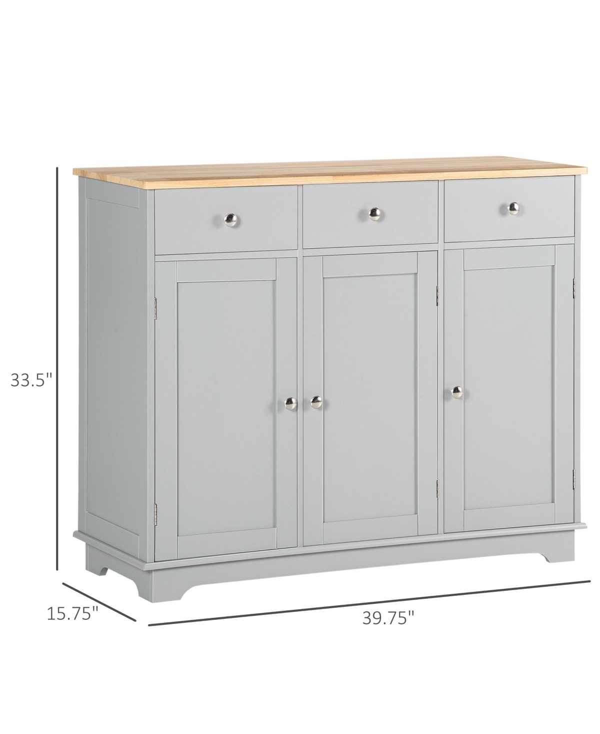 Homcom Modern Sideboard with Rubberwood Top, Buffet Cabinet with Storage Cabinets, Drawers and Adjustable Shelves for Living Room, Kitchen,- Gre