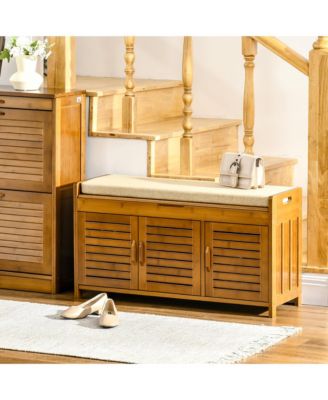 Upholste Shoe Bench with Storage Cabinet and Cushion, Dark Cherry