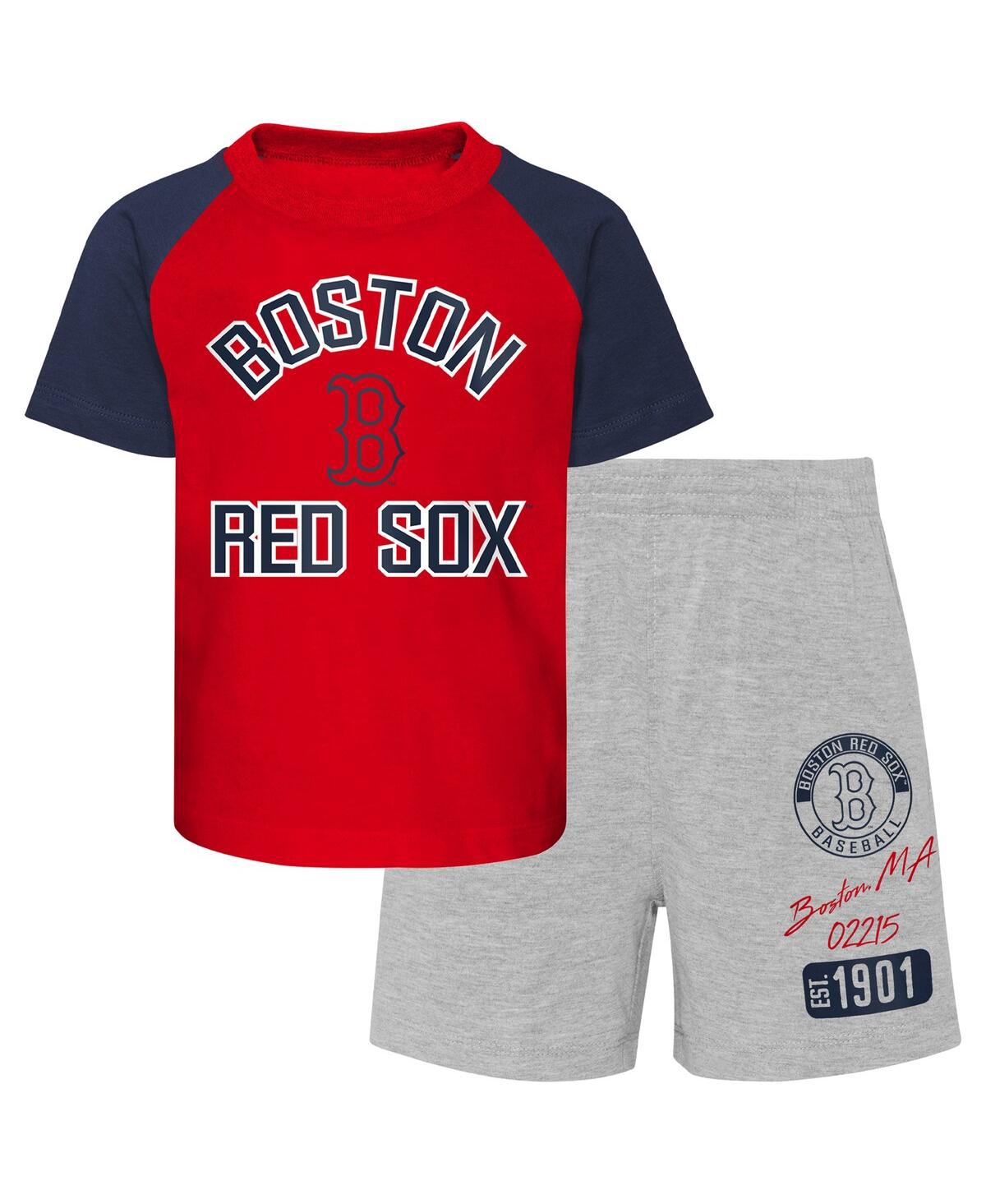 Outerstuff Infant Boys And Girls Red, Heather Gray Boston Red Sox Ground Out Baller Raglan T-shirt And Shorts S In Red,heather Gray