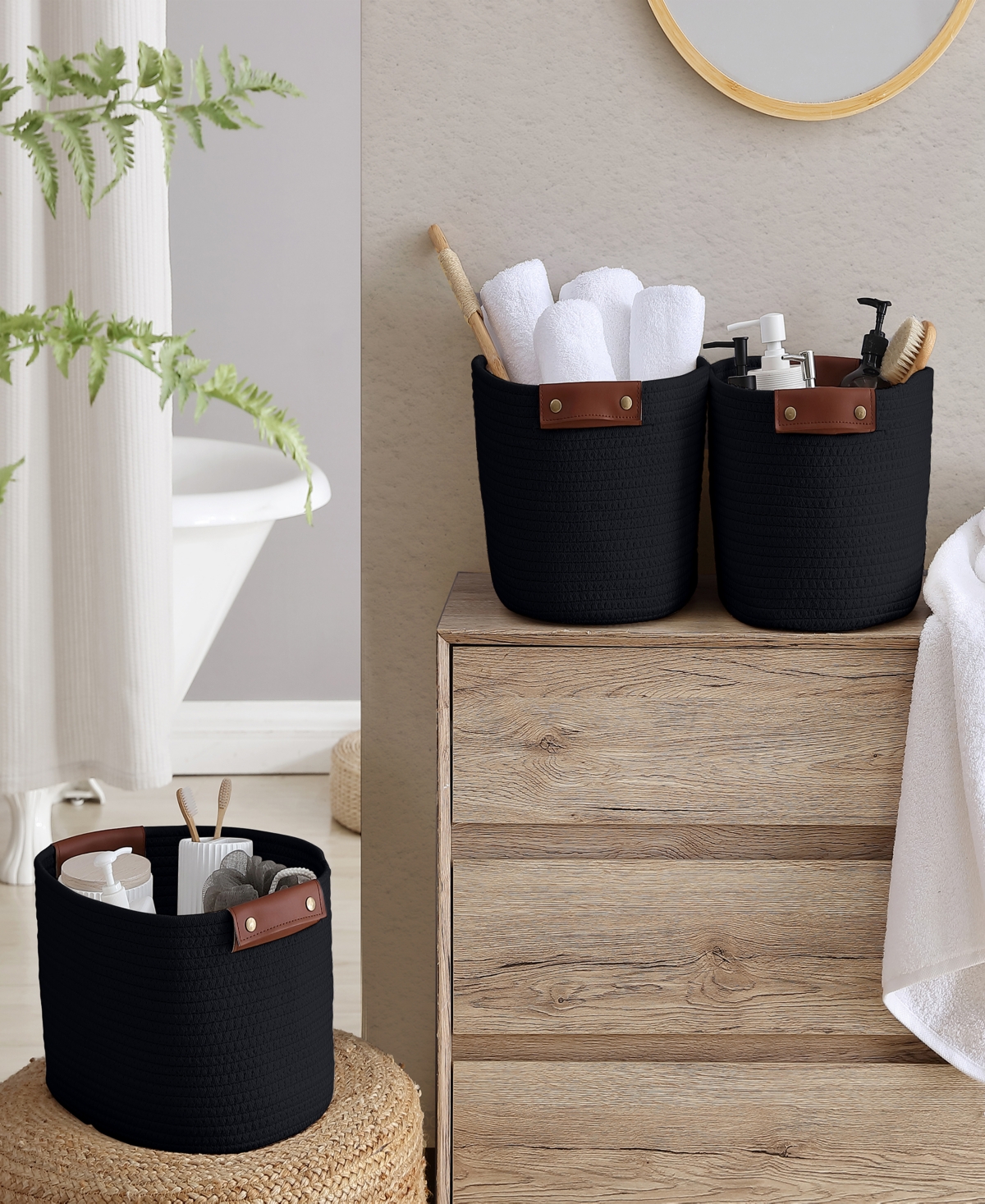 3 Pack Woven Cotton Rope Shelf Storage Basket with Leather Handles