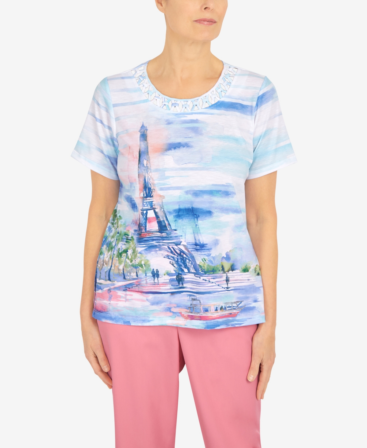 Alfred Dunner Petite Cutout Eiffel Tower Short Sleeve Top In Multi