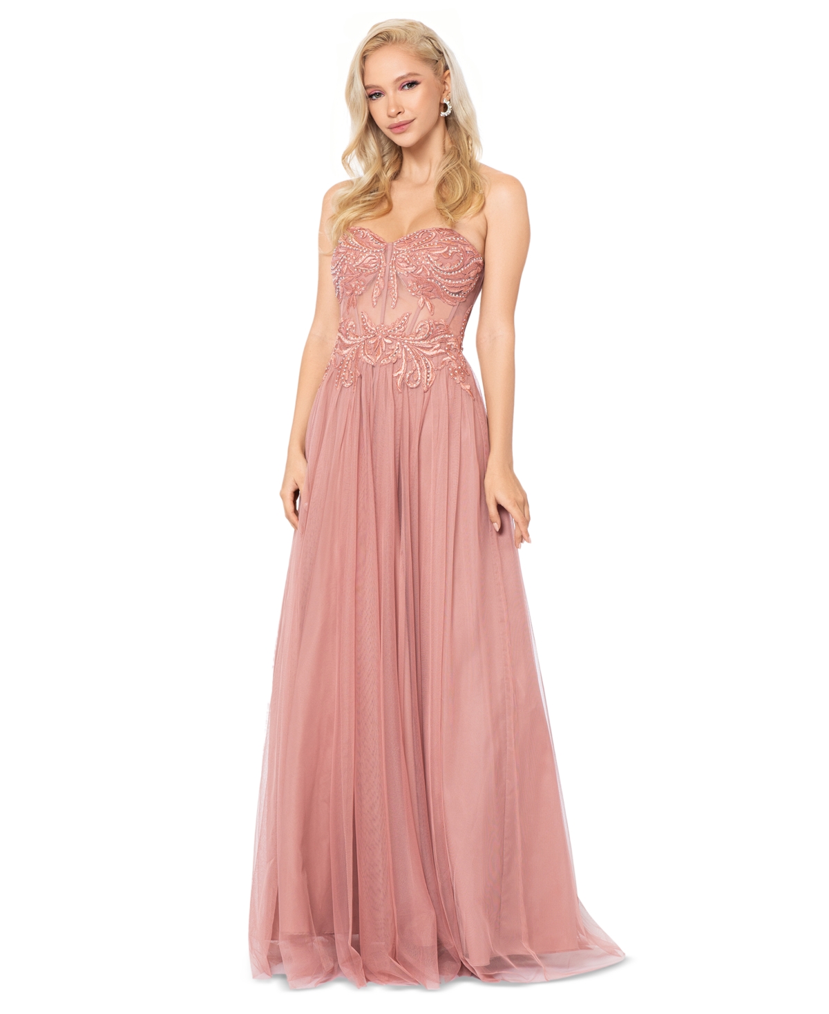 Blondie Nites Juniors' Embroidered-Bodice Lace-Up Gown, Created for Macy's