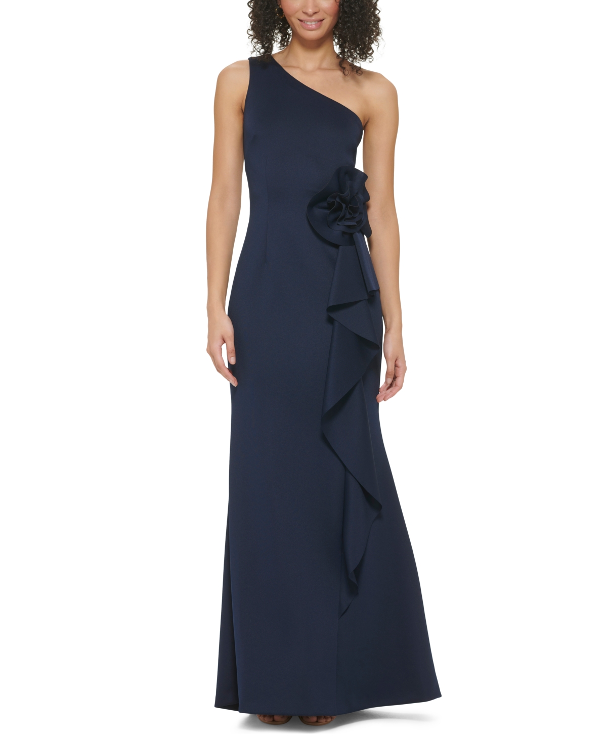 Jessica Howard Women's One-shoulder Cascade-ruffle Dress In Navy
