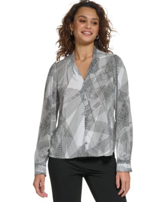 Calvin Klein - Women's Printed Long-Sleeve V-Neck Blouse