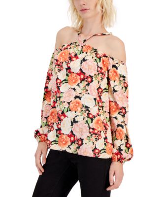 INC Womens Black Cold Shoulder Ruffled Lined Printed Long Sleeve Halter Top main image 1