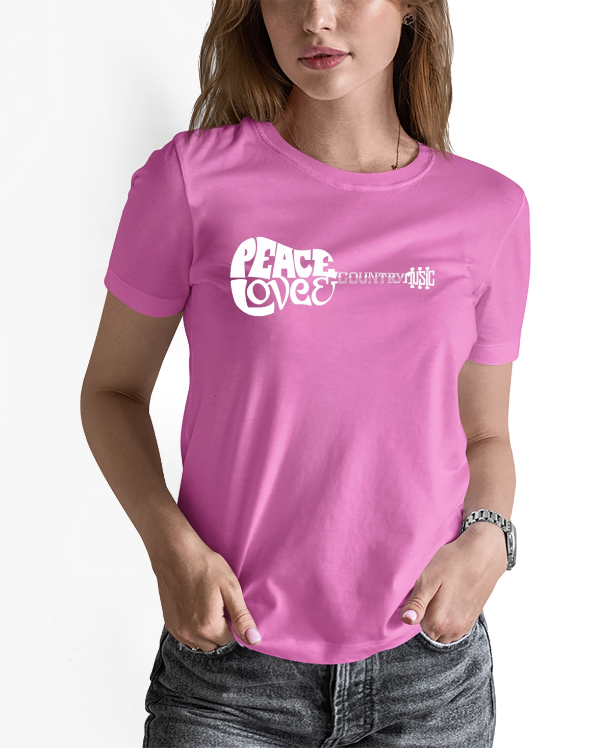 La Pop Art Women's Word Art Peace Love Country Short Sleeve T-shirt In Pink
