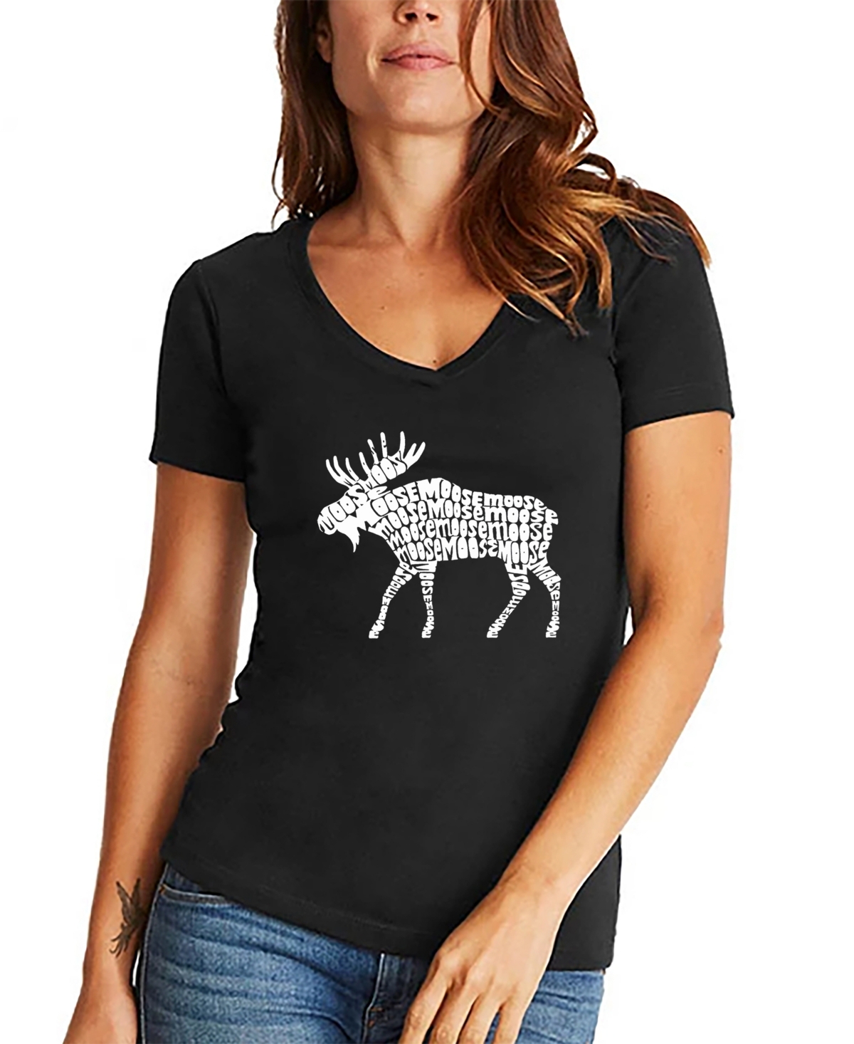 La Pop Art Women's Moose Word Art V-neck T-shirt In Black