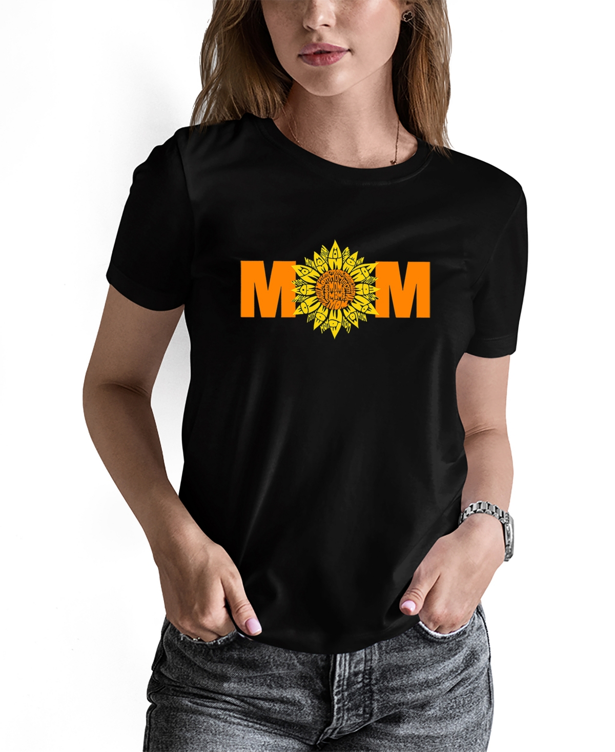 La Pop Art Women's Word Art Mom Sunflower Short Sleeve T-shirt In Black