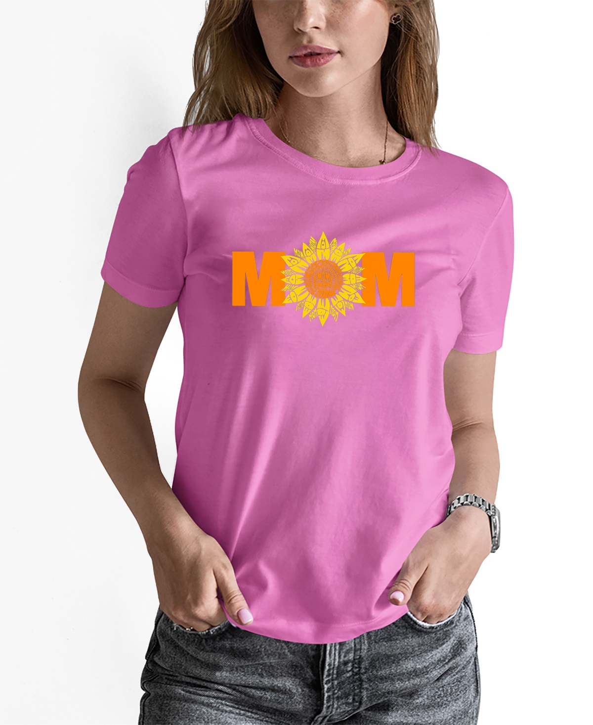 La Pop Art Women's Word Art Mom Sunflower Short Sleeve T-shirt In Pink