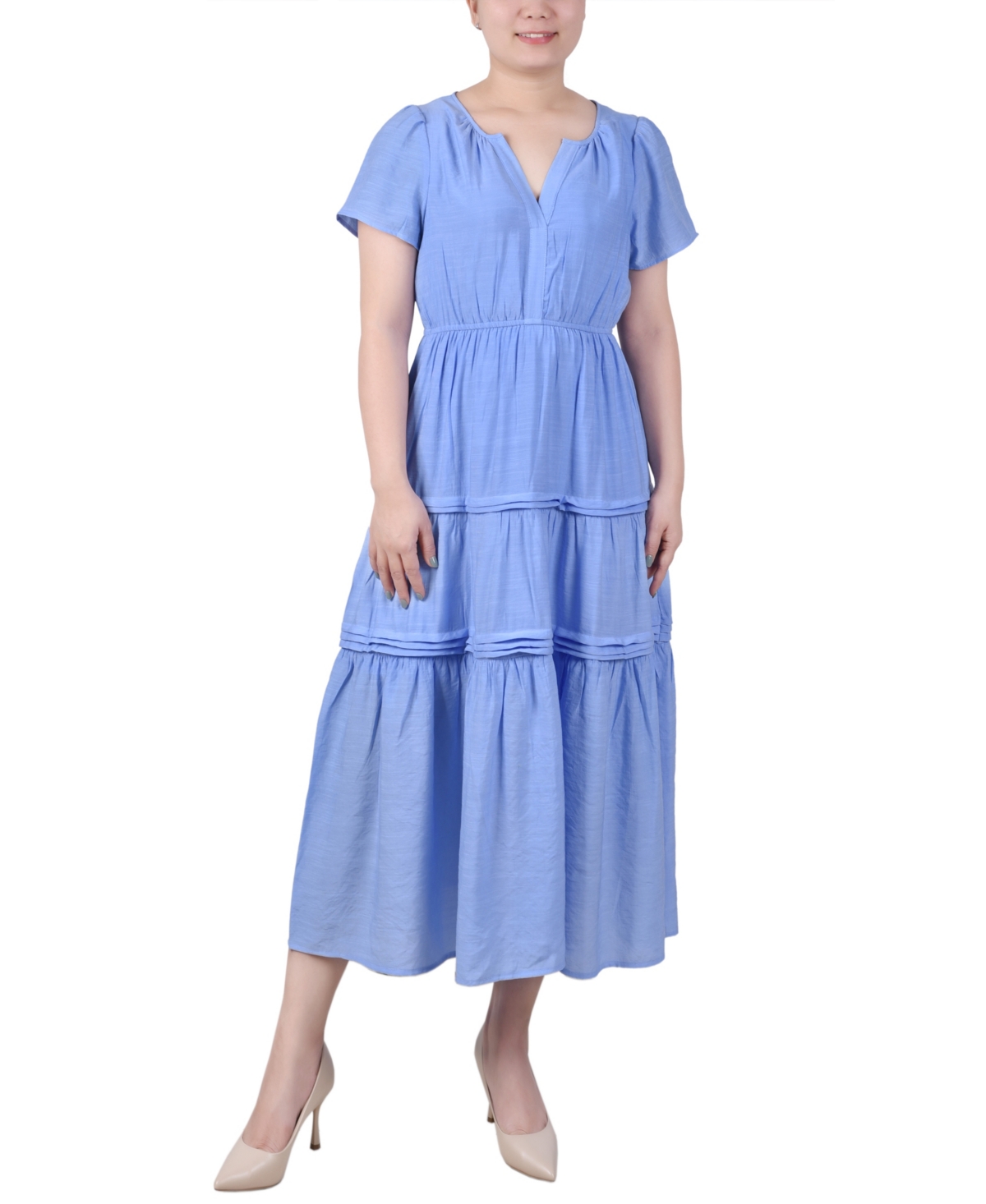Ny Collection Petite Short Sleeve Tiered Midi Dress In Serenity