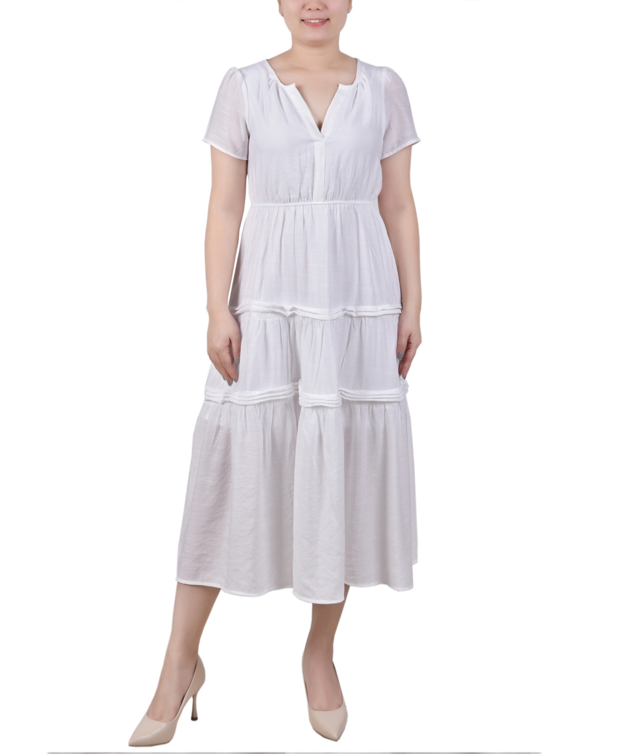 Ny Collection Petite Short Sleeve Tiered Midi Dress In White
