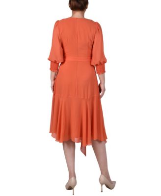 Petite 3/4 Sleeve Belted Chiffon Handkerchief Hem Dress