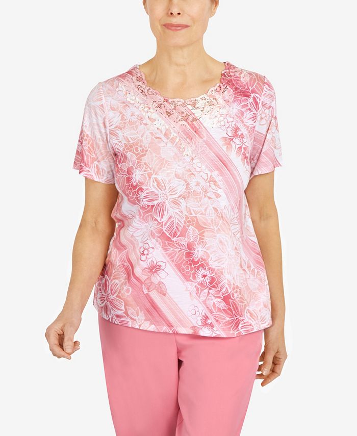 Alfred Dunner Petite Diagonal Etched Floral Top - Macy's